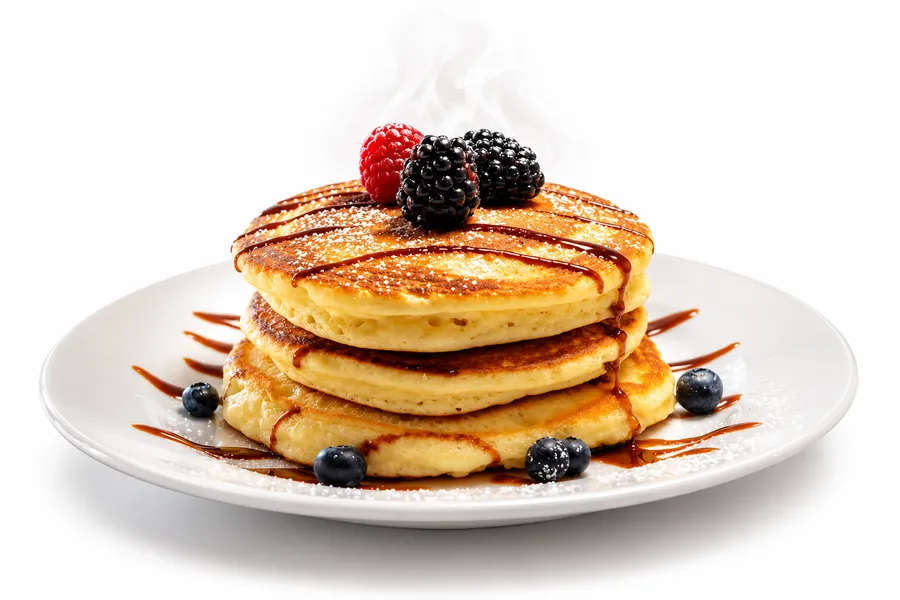 Hot Cakes (3 pzas.) — Acompañados de frutos rojos, chocolate líquido y azúcar glas
